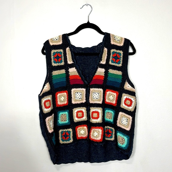 Sweaters - Handmade boho festival crochet knit vest granny square